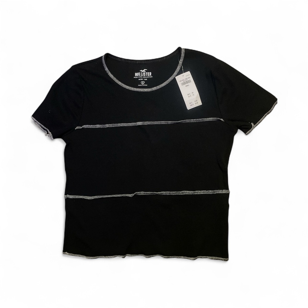 Hollister Black Short Sleeve Tee with White Stitching